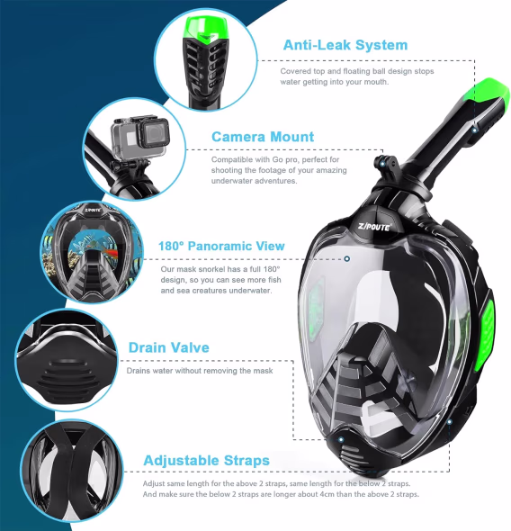 ZIPOUTE Tam Yüz Şnorkel Maskesi ve Çıkarılabilir Kamera Montajlı 