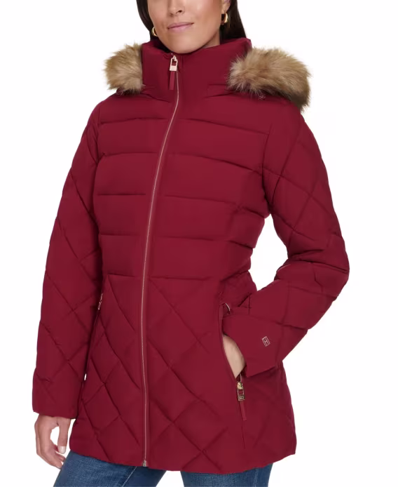 Tommy Hilfiger Kadın Bibbed FauxFur-Trim Kapüşonlu Şişme Mont