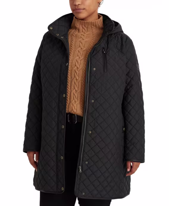 Lauren Ralph Lauren Kadın Quilted FauxSuede-Trim Kapüşonlu Mont - Büyük Beden