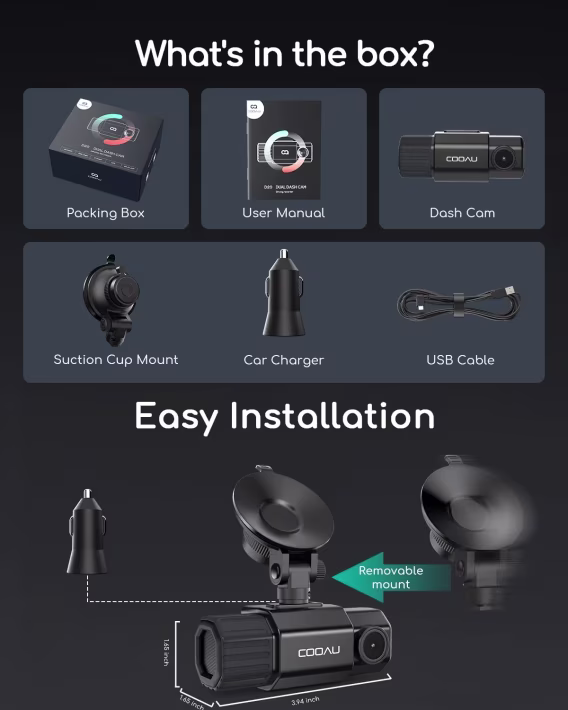 COOAU Araç Kamerası Ön ve İç Kamera 1080P