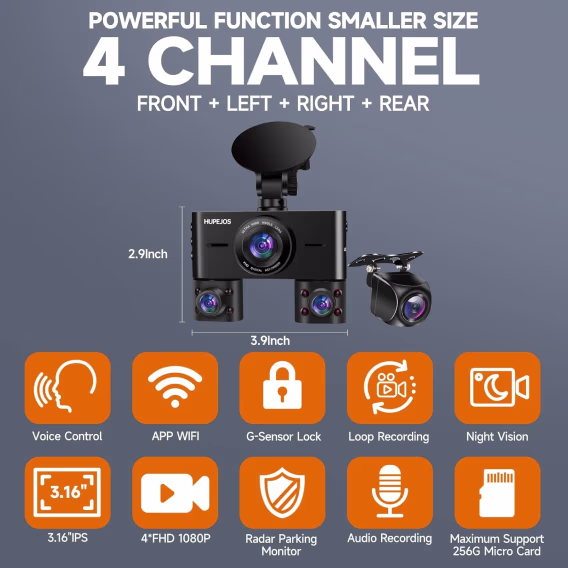 HUPEJOS V7 4 Kanal 360° Dörtlü Araba Kamerası (FHD 1080P)