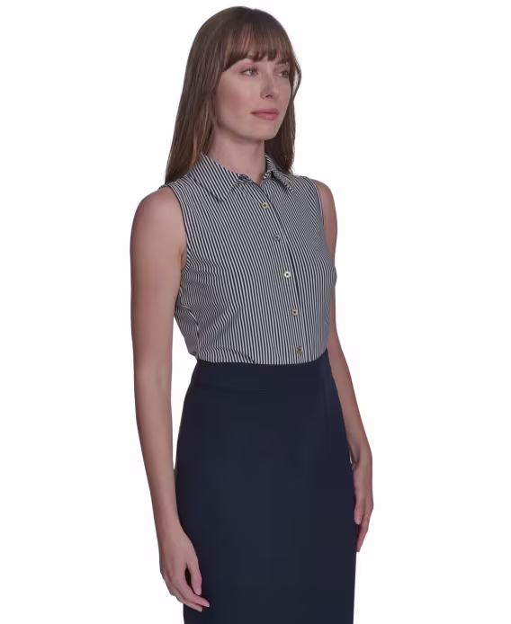 Tommy Hilfiger Kadın Çizgili Kolsuz Düğmeli Gömlek