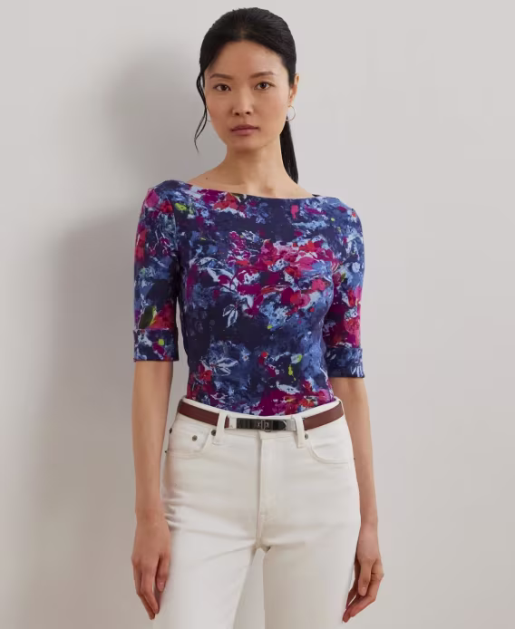 lauren-ralph-lauren-kadin-baskili-esnek-pamuklu-tekne-yaka-tisort-v-958101