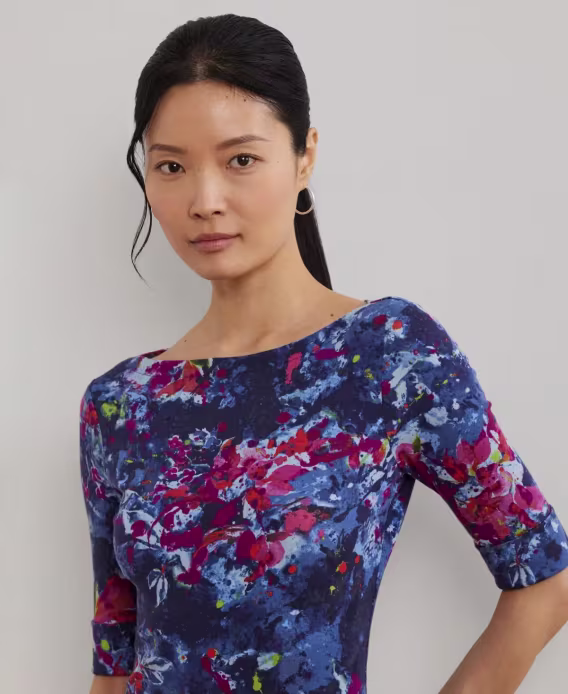 Lauren Ralph Lauren Kadın Baskılı Esnek Pamuklu Tekne Yaka Tişört