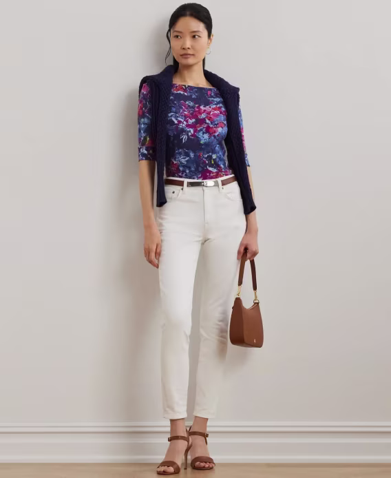 Lauren Ralph Lauren Kadın Baskılı Esnek Pamuklu Tekne Yaka Tişört