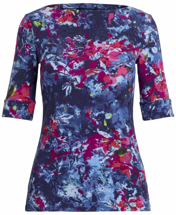 Lauren Ralph Lauren Kadın Baskılı Esnek Pamuklu Tekne Yaka Tişört