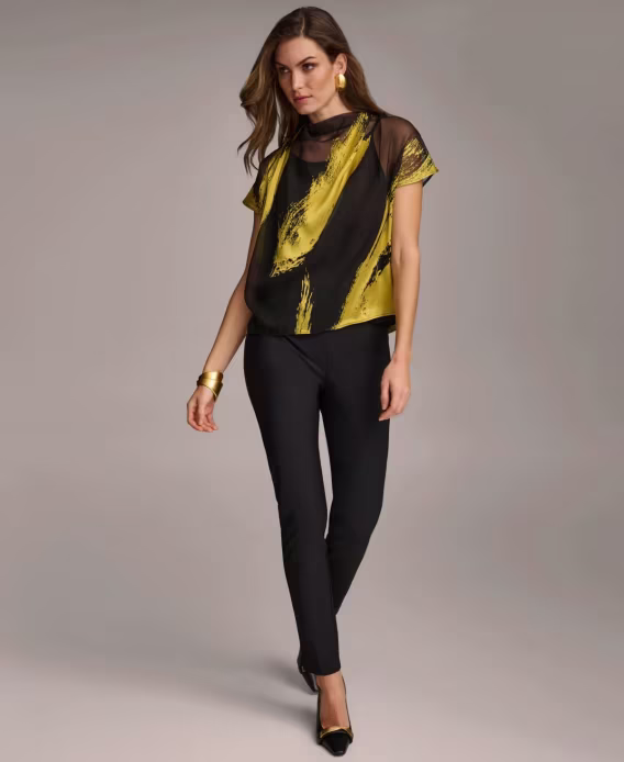 Donna Karan Kadın Kısa Kollu Metalik Baskılı Bluz