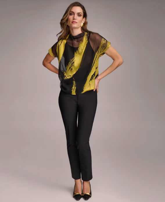 Donna Karan Kadın Kısa Kollu Metalik Baskılı Bluz