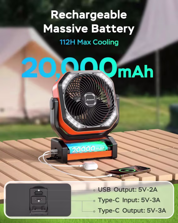 AMACOOL LED Işıklı Pilli Kamp Fanı