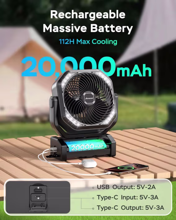 AMACOOL LED Işıklı Pilli Kamp Fanı