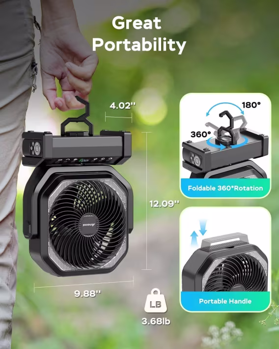 AMACOOL LED Işıklı Pilli Kamp Fanı