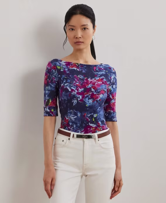 lauren-ralph-lauren-kadin-baskili-esnek-pamuklu-tekne-yaka-tisort-v-973339