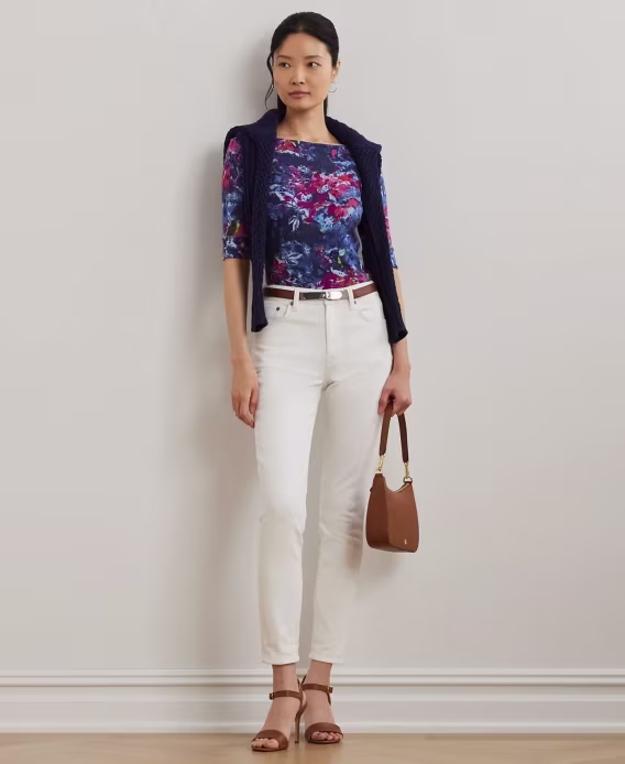 Lauren Ralph Lauren Kadın Baskılı Esnek Pamuklu Tekne Yaka Tişört