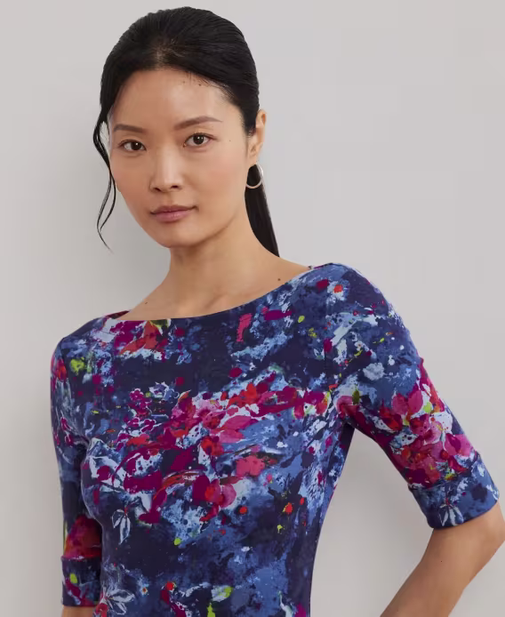 Lauren Ralph Lauren Kadın Baskılı Esnek Pamuklu Tekne Yaka Tişört