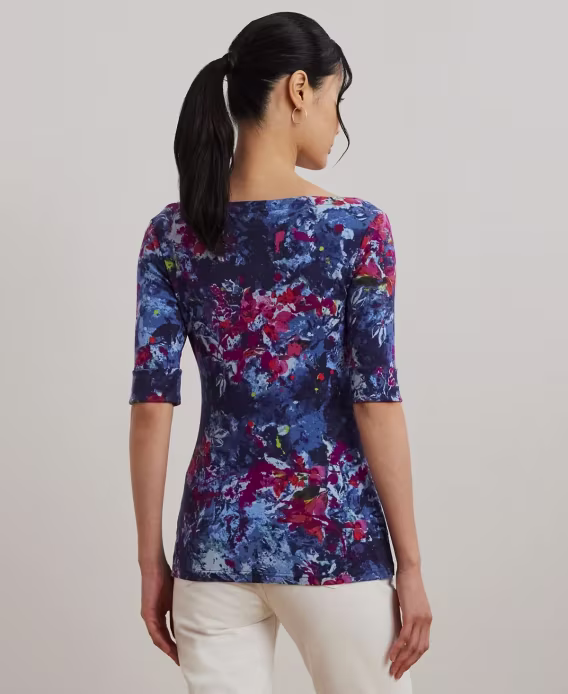 Lauren Ralph Lauren Kadın Baskılı Esnek Pamuklu Tekne Yaka Tişört