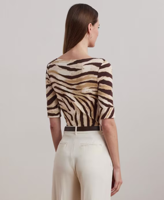 Lauren Ralph Lauren Kadın Zebra Desenli Streç Pamuklu Tekne Yaka Tişört