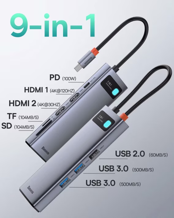 Baseus Laptop Docking Station Dual 9'u 1 Arada USB C Hub