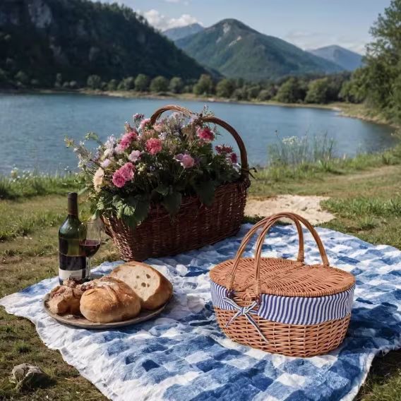 Rurality Dokuma Gövdeli Kapaklı Hasır Piknik Sepeti 