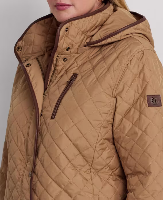 Lauren Ralph Lauren Kadın Quilted FauxSuede-Trim Kapüşonlu Mont - Büyük Beden