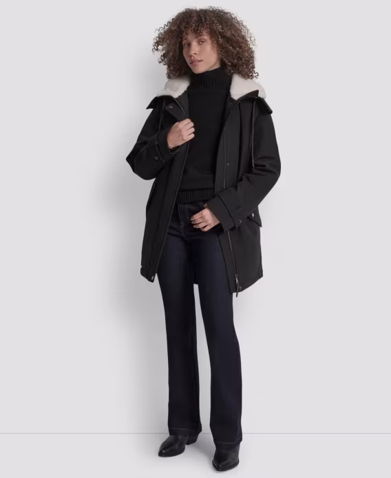 DKNY Kadın Suni Kürk Astarlı Kapüşonlu Softshell Mont