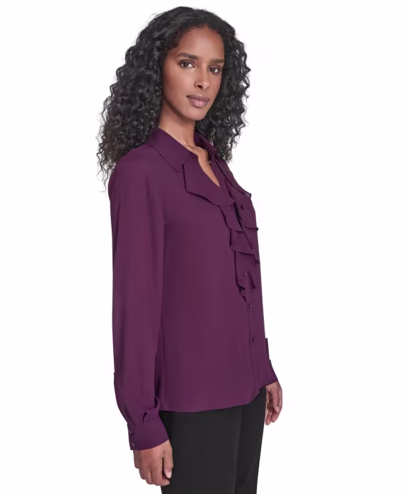 Calvin Klein Kadın Düz Uzun Kollu Önden Volanlı Bluz