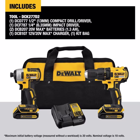 DEWALT 20V MAX Akülü Matkap, Darbeli Sürücü, 2 Aletli Elektrikli Alet Kombo Seti (DCK277D2)