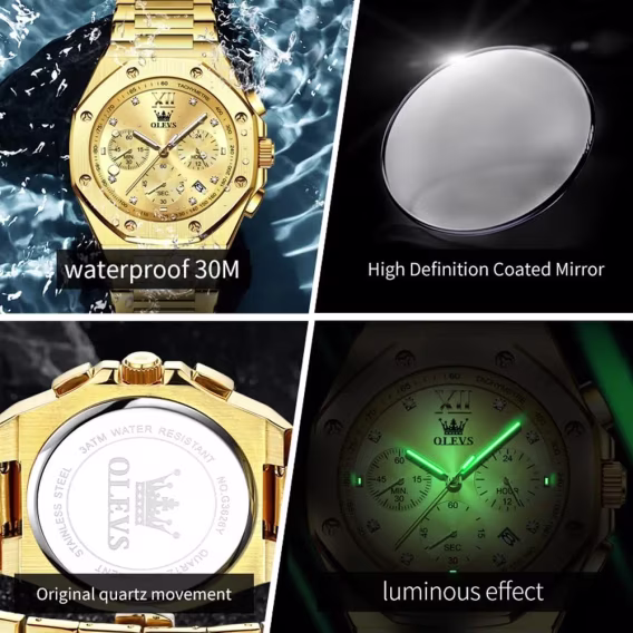 OLEVS Analog Paslanmaz Çelik Su Geçirmez Işıklı Erkek Kol Saati WDS-G3626G-CG