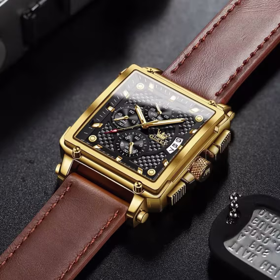 OLEVS Kuvars Kronograf Deri Kayışlı Su Geçirmez Erkek Kol Saati Kahverengi/Siyah MJG9950