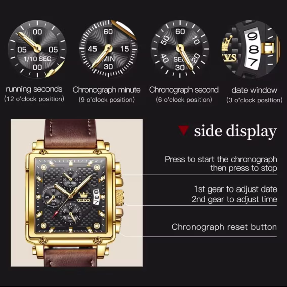 OLEVS Kuvars Kronograf Deri Kayışlı Su Geçirmez Erkek Kol Saati Kahverengi/Siyah MJG9950