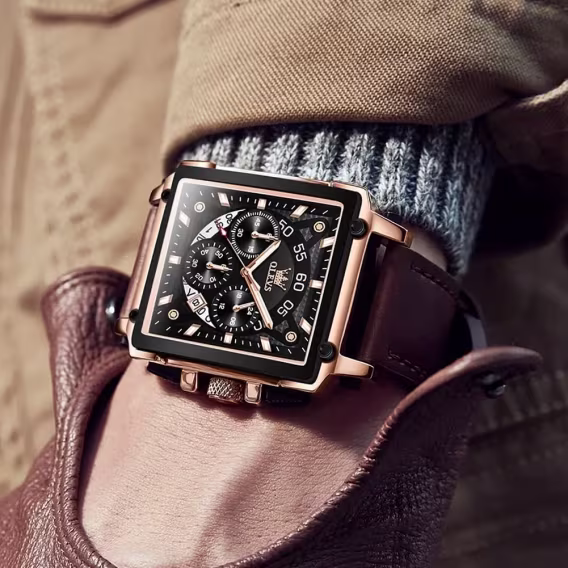 OLEVS Kuvars Kronograf Deri Kayışlı Su Geçirmez Erkek Kol Saati Kahverengi/Siyah MJG9919