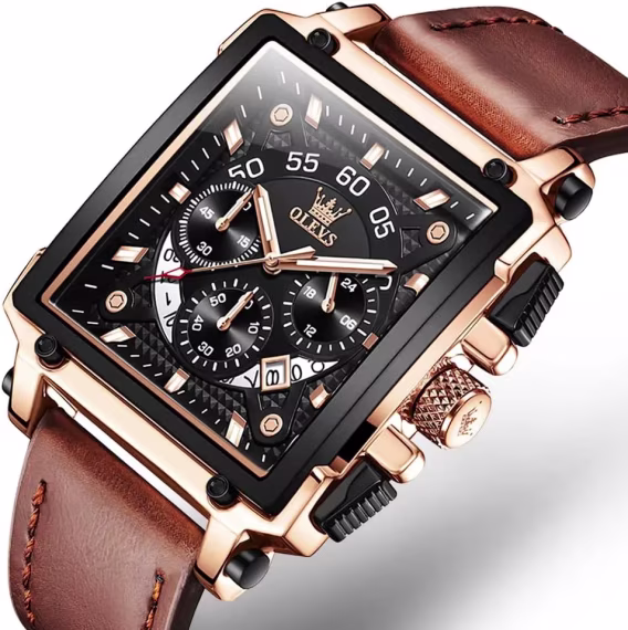 OLEVS Kuvars Kronograf Deri Kayışlı Su Geçirmez Erkek Kol Saati Kahverengi/Siyah MJG9919