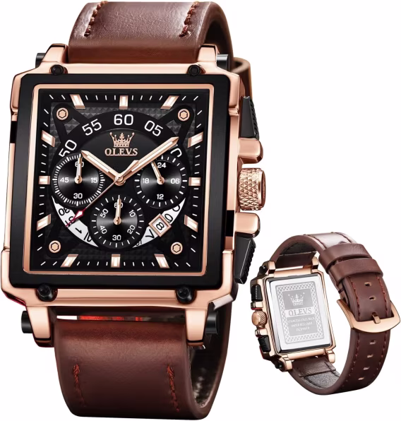 OLEVS Kuvars Kronograf Deri Kayışlı Su Geçirmez Erkek Kol Saati Kahverengi/Siyah MJG9919