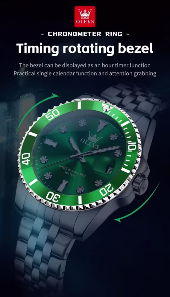 OLEVS Paslanmaz Çelik Lüks Erkek Kol Saati Gümüş/Yeşil G9809G 