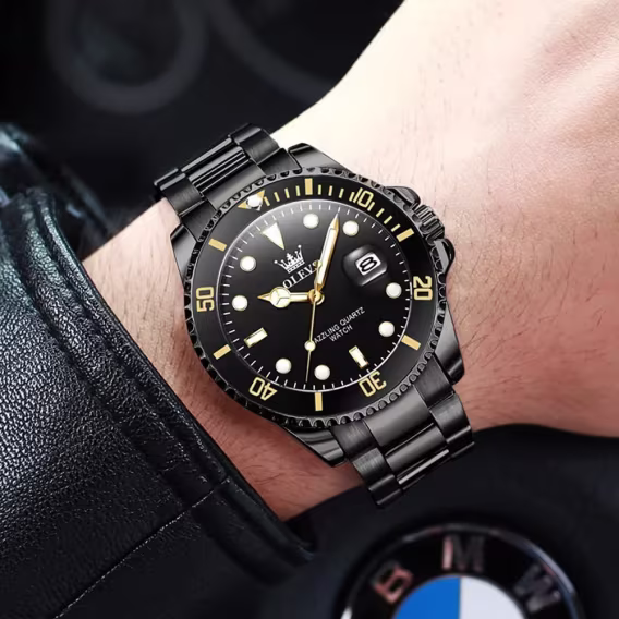 OLEVS Lüks Su Geçirmez Analog Paslanmaz Çelik Erkek Kol Saati Siyah KYSS-G5885G-QH