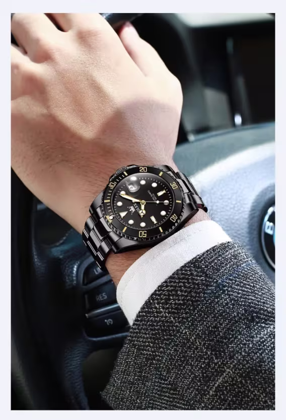 OLEVS Lüks Su Geçirmez Analog Paslanmaz Çelik Erkek Kol Saati Siyah KYSS-G5885G-QH