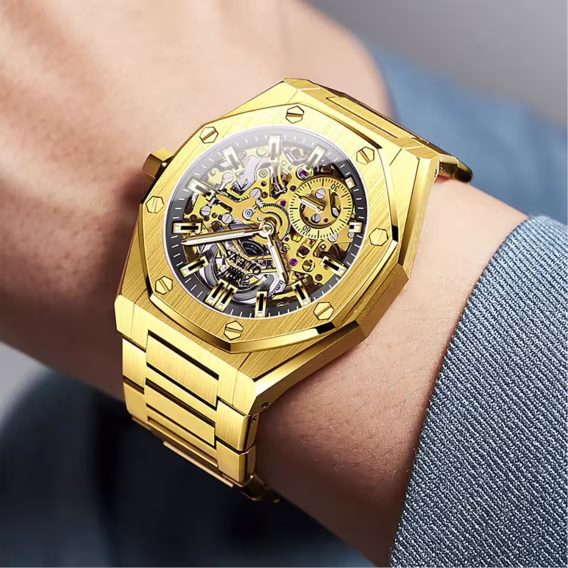 OLEVS Analog Kuvars Paslanmaz Çelik Su Geçirmez Erkek Kol Saati Gold HZS-G6669-GG-GG