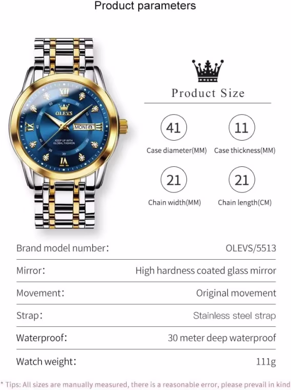 OLEVS Analog Kuvars Paslanmaz Çelik Su Geçirmez Erkek Kol Saati Gold/Mavi HZG5513G-JL