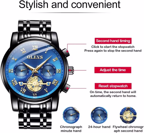 OLEVS Analog Kuvars Paslanmaz Çelik Erkek Kol Saati Siyah/Mavi BYUSSG2859GH-HL