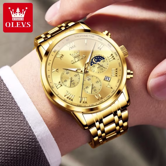 OLEVS Işıklı Kronograf Erkek Kol Saati Gold G5529G