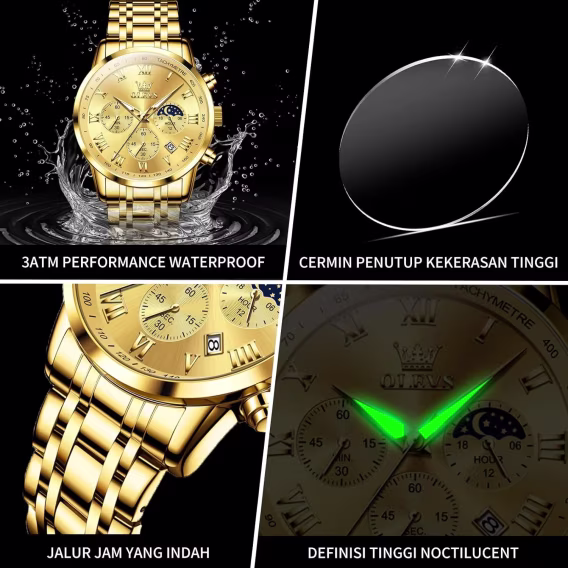 OLEVS Işıklı Kronograf Erkek Kol Saati Gold G5529G