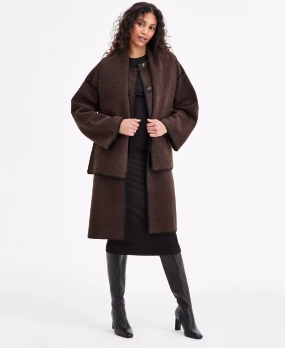 BCBGMAXAZRIA Kadın Düğmeli Ön Kenar Dikişli Atkı Kaban