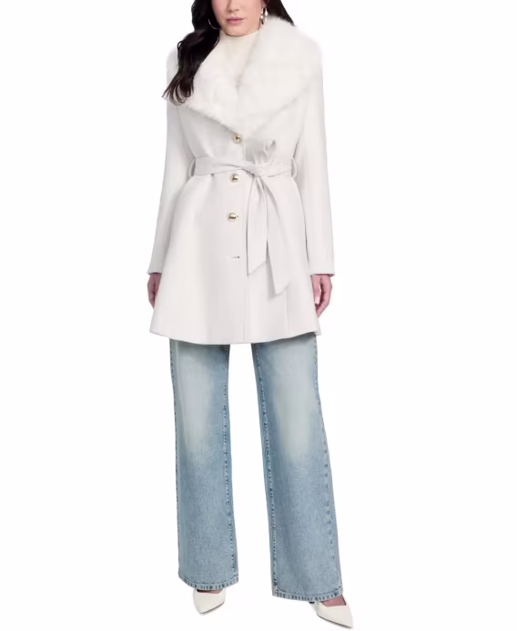 GUESS Kadın Kemerli Suni Kürk Yakalı Önü Düğmeli Mont