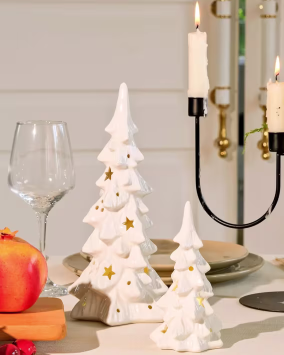 DN DECONATION Seramik Noel Ağacı Işıklı Beyaz