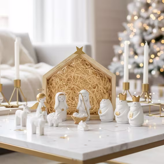 DN DECONATION Noel Yemliği Doğum Seti Beyaz ve Altın