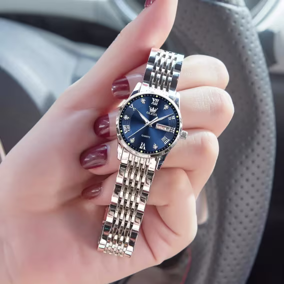 OLEVS Lüks Su Geçirmez Gümüş Paslanmaz Çelik Mavi Kadın Kol Saati