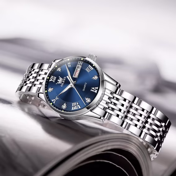 OLEVS Lüks Su Geçirmez Gümüş Paslanmaz Çelik Mavi Kadın Kol Saati