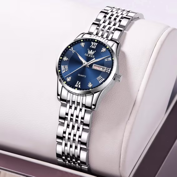 OLEVS Lüks Su Geçirmez Gümüş Paslanmaz Çelik Mavi Kadın Kol Saati