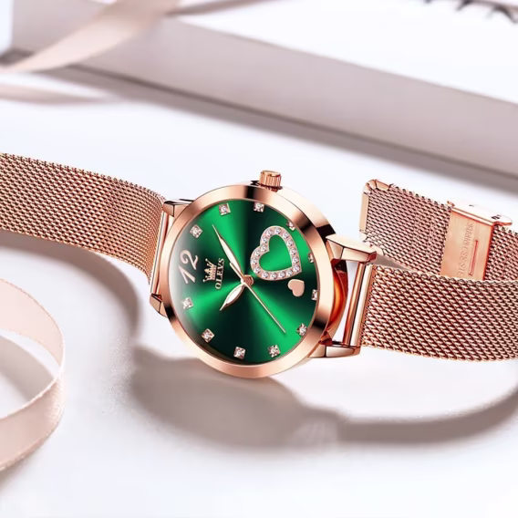 OLEVS Japon Kuvars Kadın Kol Saati Rose Gold/Yeşil