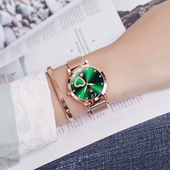 OLEVS Japon Kuvars Kadın Kol Saati Rose Gold/Yeşil