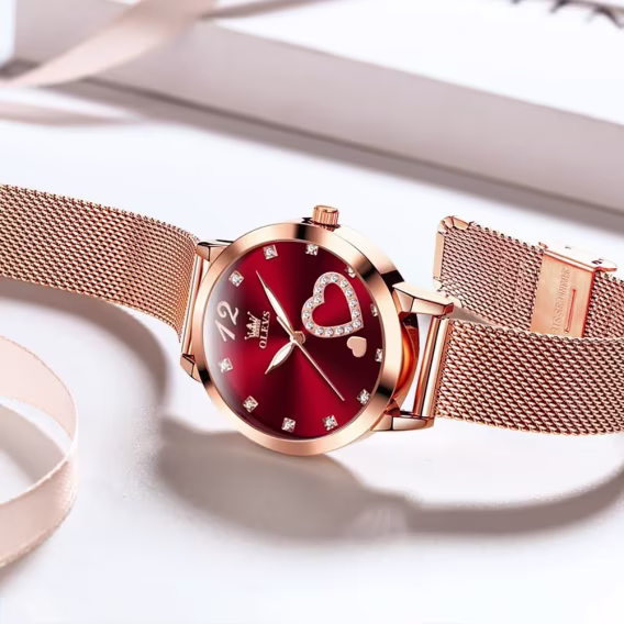 OLEVS Japon Kuvars Kadın Kol Saati Rose Gold/Kırmızı